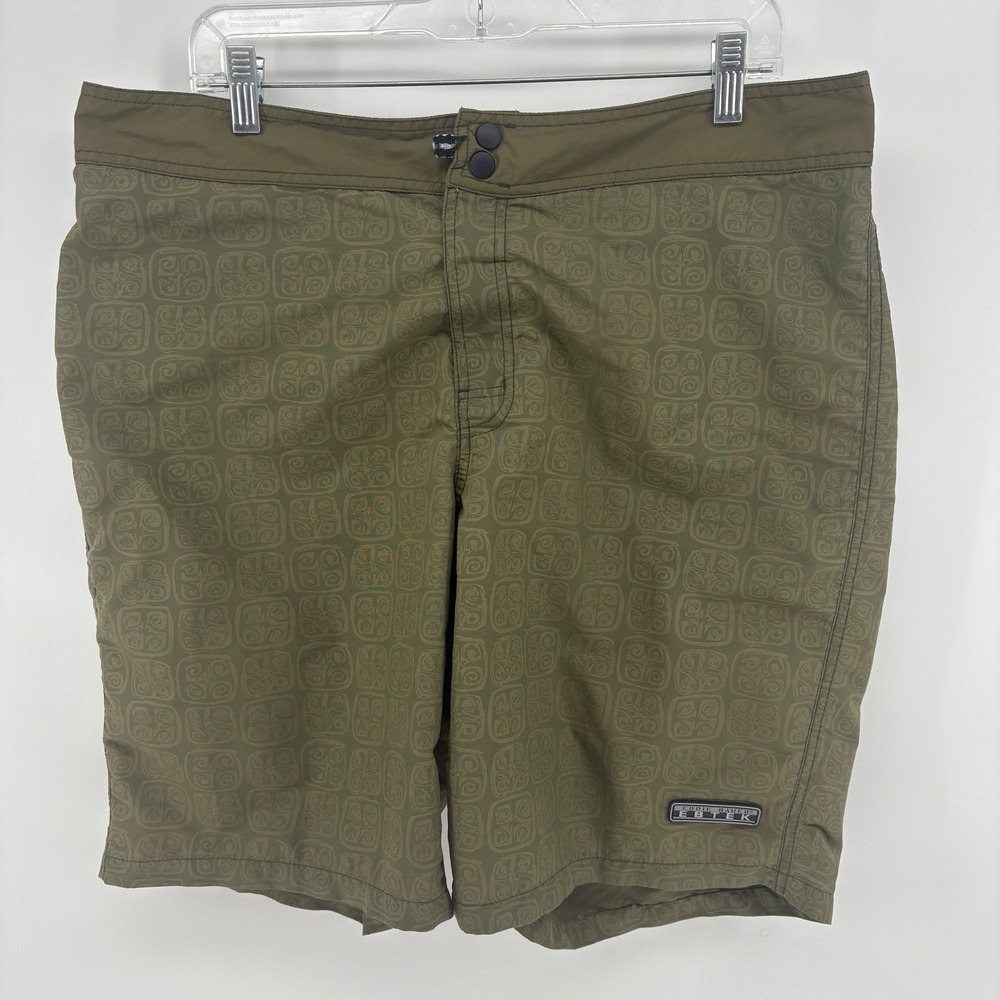 Eddie Bauer EBTEK Mens 38 Olive Geometric Board Shorts‎ Swim Surf Beach Nylon